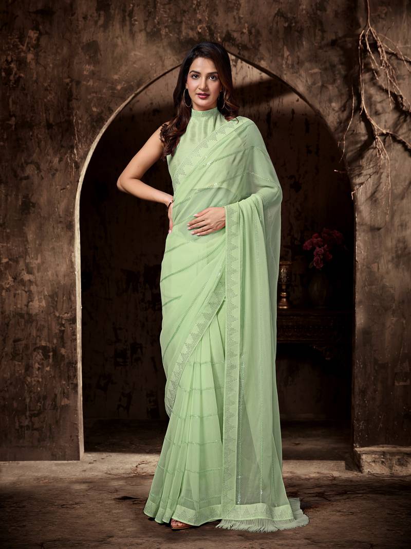 Trendmalls Parrot Green Woven Silk Saree for Women