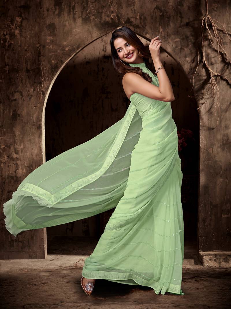 Trendmalls Parrot Green Woven Silk Saree for Women