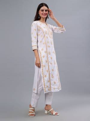 hand embroidered white cotton lucknowi chikan kurta 4