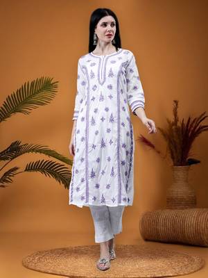 hand embroidered white cotton lucknowi chikan kurta 1