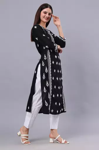 hand embroidered black cotton lucknowi chikan kurta