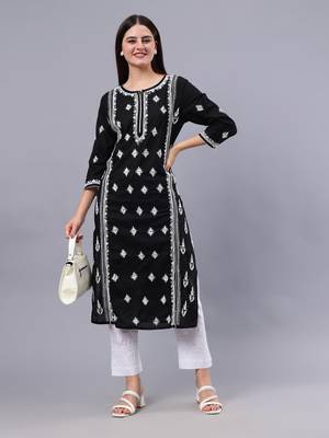 hand embroidered black cotton lucknowi chikan kurta 5
