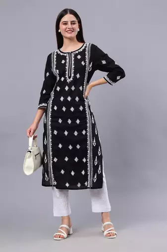 hand embroidered black cotton lucknowi chikan kurta