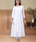 hand embroidered white cotton anarkali kurta
