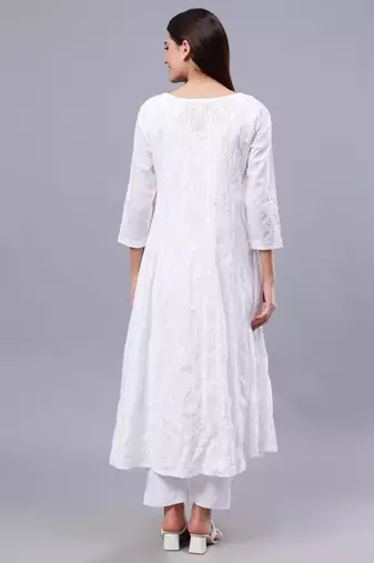 hand embroidered white cotton anarkali kurta