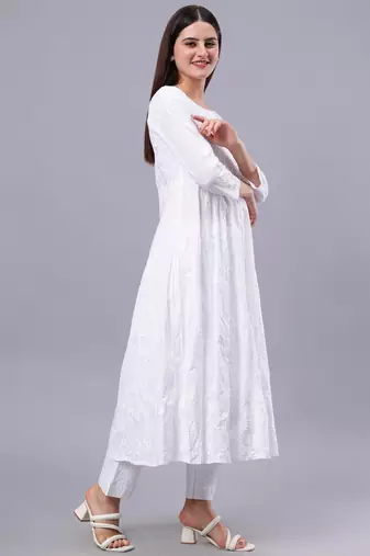 hand embroidered white cotton anarkali kurta