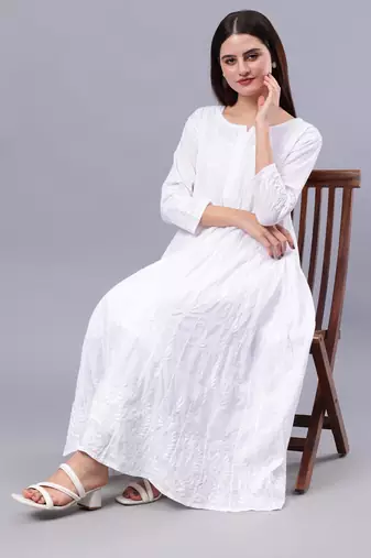 hand embroidered white cotton anarkali kurta