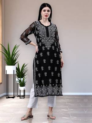 hand embroidered black georgette lucknowi chikan kurta with slip 1