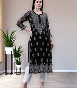 hand embroidered black georgette lucknowi chikan kurta with slip