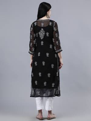 hand embroidered black georgette lucknowi chikan kurta with slip 2