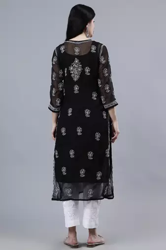 hand embroidered black georgette lucknowi chikan kurta with slip