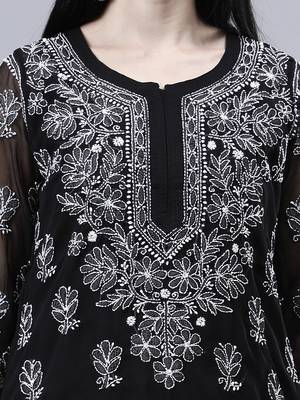 hand embroidered black georgette lucknowi chikan kurta with slip 3