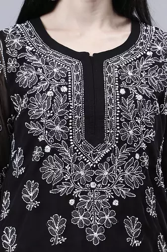 hand embroidered black georgette lucknowi chikan kurta with slip