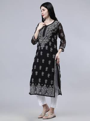 hand embroidered black georgette lucknowi chikan kurta with slip 4