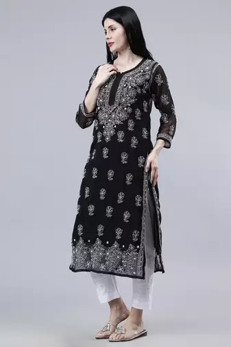hand embroidered black georgette lucknowi chikan kurta with slip