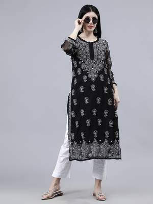 hand embroidered black georgette lucknowi chikan kurta with slip 5