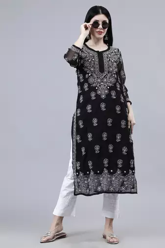 hand embroidered black georgette lucknowi chikan kurta with slip