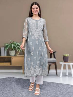 hand embroidered grey georgette lucknowi chikan kurta with slip 1