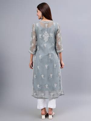 hand embroidered grey georgette lucknowi chikan kurta with slip 2