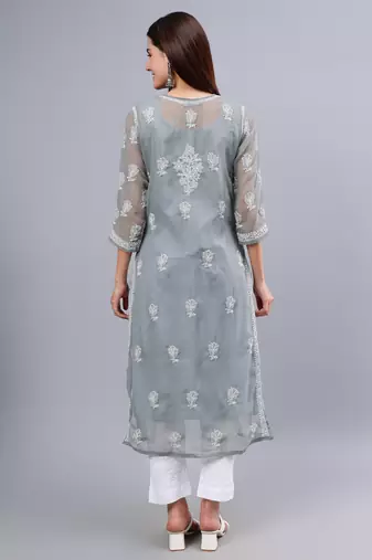 hand embroidered grey georgette lucknowi chikan kurta with slip