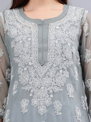 hand embroidered grey georgette lucknowi chikan kurta with slip 3