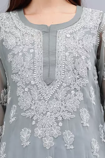 hand embroidered grey georgette lucknowi chikan kurta with slip