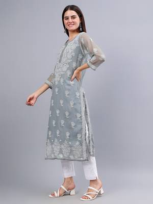 hand embroidered grey georgette lucknowi chikan kurta with slip 4