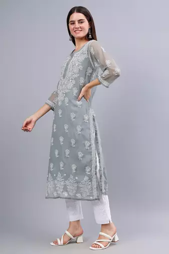 hand embroidered grey georgette lucknowi chikan kurta with slip
