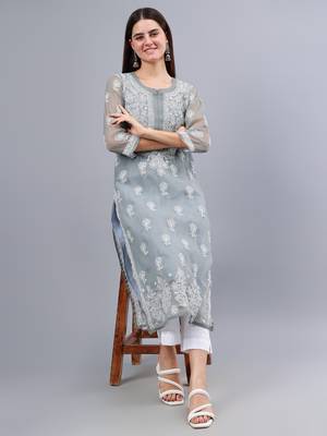 hand embroidered grey georgette lucknowi chikan kurta with slip 5