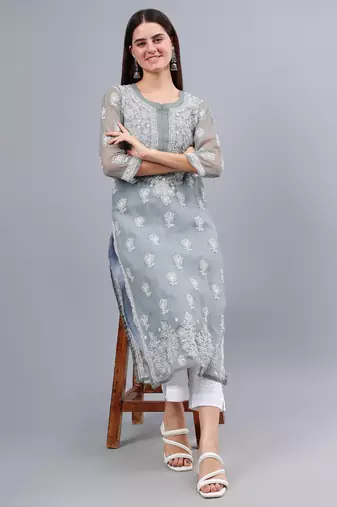 hand embroidered grey georgette lucknowi chikan kurta with slip