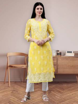 hand embroidered yellow georgette lucknowi chikan kurta with slip 1