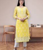 hand embroidered yellow georgette lucknowi chikan kurta with slip