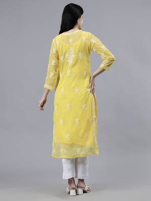 hand embroidered yellow georgette lucknowi chikan kurta with slip 2
