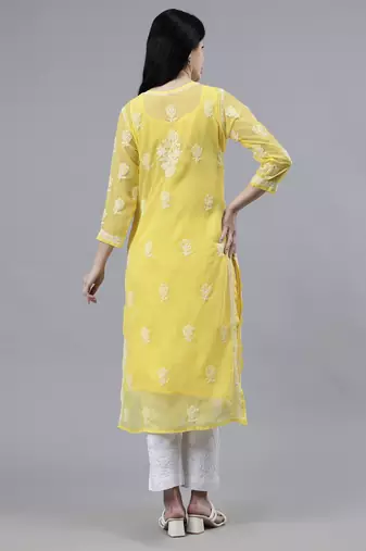 hand embroidered yellow georgette lucknowi chikan kurta with slip