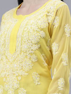 hand embroidered yellow georgette lucknowi chikan kurta with slip 3