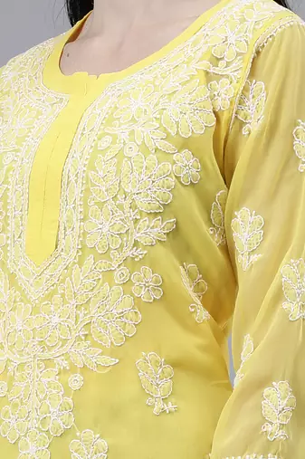 hand embroidered yellow georgette lucknowi chikan kurta with slip