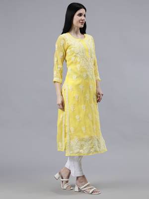 hand embroidered yellow georgette lucknowi chikan kurta with slip 4