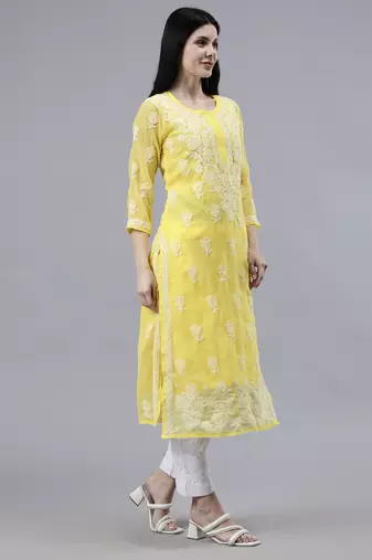 hand embroidered yellow georgette lucknowi chikan kurta with slip