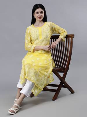 hand embroidered yellow georgette lucknowi chikan kurta with slip 5