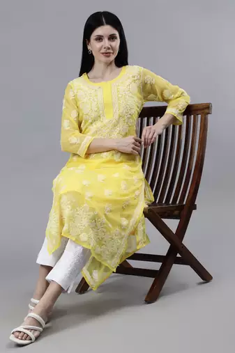 hand embroidered yellow georgette lucknowi chikan kurta with slip