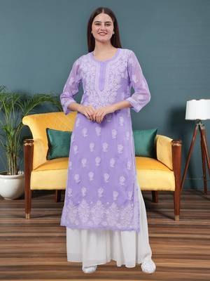 hand embroidered mauve georgette lucknowi chikan kurta with slip 1