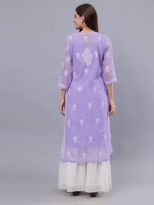 hand embroidered mauve georgette lucknowi chikan kurta with slip 2