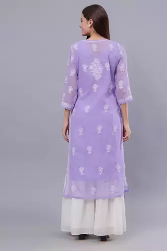 hand embroidered mauve georgette lucknowi chikan kurta with slip