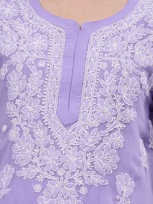hand embroidered mauve georgette lucknowi chikan kurta with slip 3