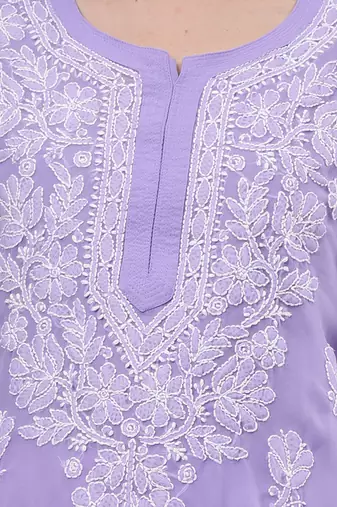 hand embroidered mauve georgette lucknowi chikan kurta with slip