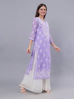 hand embroidered mauve georgette lucknowi chikan kurta with slip 4