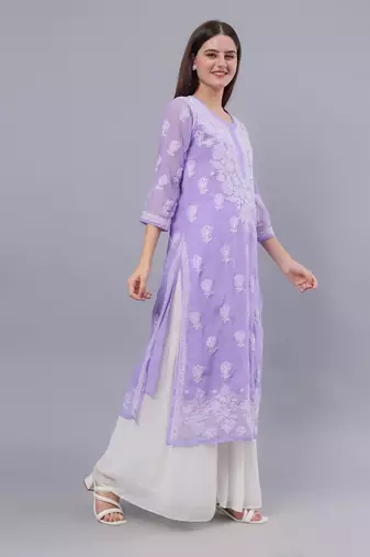 hand embroidered mauve georgette lucknowi chikan kurta with slip