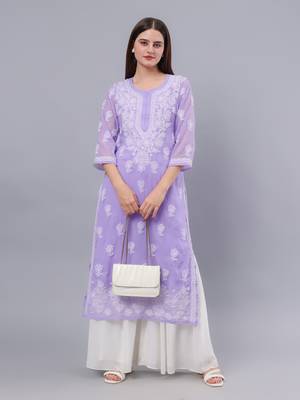 hand embroidered mauve georgette lucknowi chikan kurta with slip 5