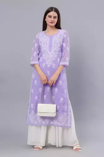 hand embroidered mauve georgette lucknowi chikan kurta with slip