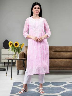hand embroidered pink georgette lucknowi chikan kurta with slip 1